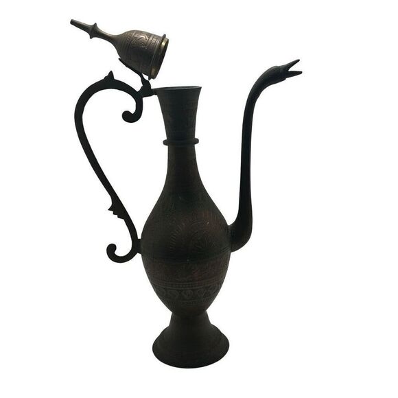 Vintage Brass Coffee Teapot Pitcher 9"x 15" Brown Ornate Etched Gooseneck - Picture 1 of 8